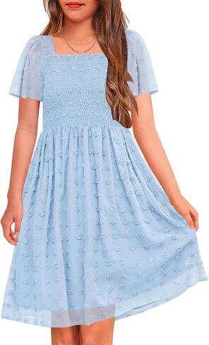 HOSIKA Girls Short Sleeve Dress Boho Swiss Dot Square Neck Smocked Summer Dresses with Pockets 6-12 Years in Saudi Arabia
