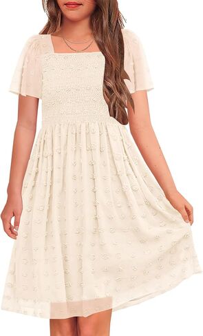 HOSIKA Girls Short Sleeve Dress Boho Swiss Dot Square Neck Smocked Summer Dresses with Pockets 6-12 Years in Saudi Arabia