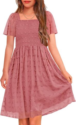 HOSIKA Girls Short Sleeve Dress Boho Swiss Dot Square Neck Smocked Summer Dresses with Pockets 6-12 Years in Saudi Arabia