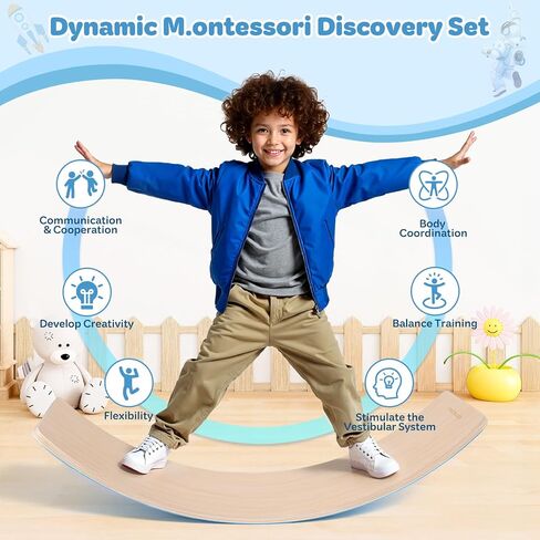 لوح التوازن للأطفال، لوح موازنة خشبي طبيعي مقاس 35 بوصة للتعلم المفتوح، لوح هزاز للأطفال الصغار مع لوح يوجا متعرج غير قابل للانزلاق للبالغين من الأولاد والبنات مستوحاة من M.ontessori in Kuwait