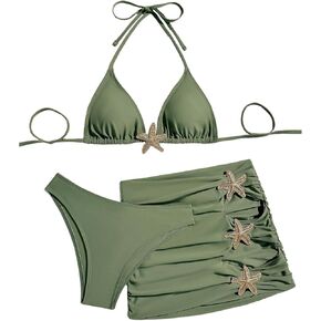 Verdusa Women's 3 Piece Boho Starfish Halter Bikini Set Tie Backless Swimsuit with Beach Cover Up Skirt in Kuwait