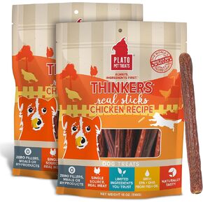 PLATO Pet Treats Thinkers - مكافآت أعواد اللحم للكلاب - مكافآت الكلاب ذات المكونات المحدودة مع EPA وDHA لدعم الجلد والمعطف والدماغ - مكافآت الكلاب المجففة بالهواء - لحم الضأن المفكر 18oz - عبوتان in Kuwait