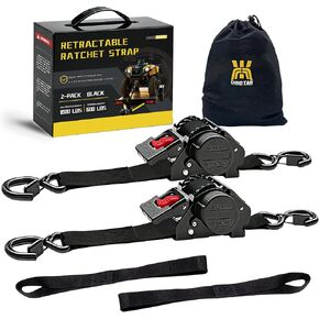 Retractable Ratchet Straps (2-Pack) - 1'' x 11.5' (1,800lb Break Strength) - Heavy Duty Auto Self Retracting Tie Down Straps for Truck, Cargo Trailer, Motorcycle, Rad & More - Black in Saudi Arabia