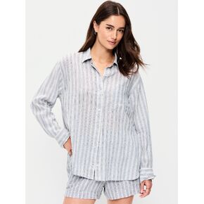 Old Navy Linen-Blend Loose Button-Down Shirt - Blue Stripe in Saudi Arabia