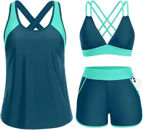 Daci Women 3 Piece Tankini Swimsuits - Tummy Control Tank Top with Bra Modest Bathing Suit with Pockets Boyshorts Bottom 2025 in Saudi Arabia
