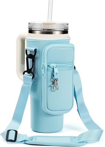 Water Bottle Carrier Bag Holder with Phone Pocket Adjustable Strap for Stanley 30 40oz, Insulated Neoprene Cover Sleeve Sling Crossbody Bag for Walking Camping Hiking Travelling in Saudi Arabia