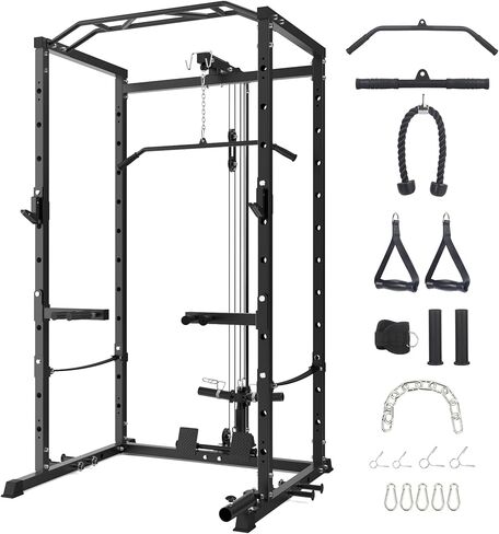 GarveeLife Power Cage, Multi-Function Power Rack with LAT Pulldown, 1600 LBS Weight Capacity Fitness Squat Rack with Cable Pulley System and j-Hooks, Dip Bars and Landmine Attachment for Home Gym in Saudi Arabia