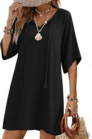 Zeagoo Womens Casual Beach Summer Dress Boho Cover Up Tassel Tie V Neck 3/4 Long Sleeve Mini Sundress 2026 Floral Print in Saudi Arabia