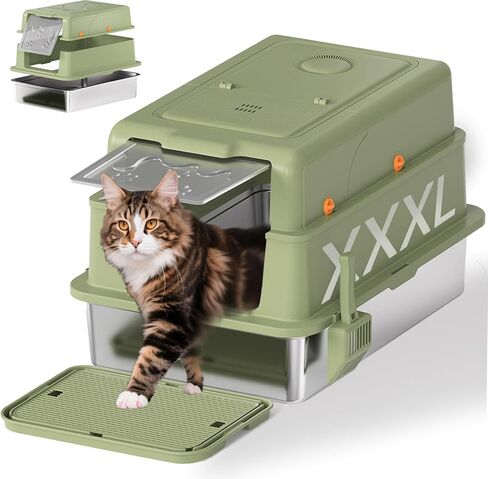 صندوق فضلات القطط Homegroove XXXL من الفولاذ المقاوم للصدأ مع غطاء، صندوق فضلات القطط الكبير جدًا مقاس 28 × 20 × 18 بوصة مع مغرفة فضلات ودواسة، وعاء فضلات القطط المعدني المغلق للقطط الكبيرة والمتعددة، مضاد للتسرب (رمادي) in Kuwait