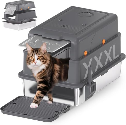 صندوق فضلات القطط Homegroove XXXL من الفولاذ المقاوم للصدأ مع غطاء، صندوق فضلات القطط الكبير جدًا مقاس 28 × 20 × 18 بوصة مع مغرفة فضلات ودواسة، وعاء فضلات القطط المعدني المغلق للقطط الكبيرة والمتعددة، مضاد للتسرب (رمادي) in Kuwait