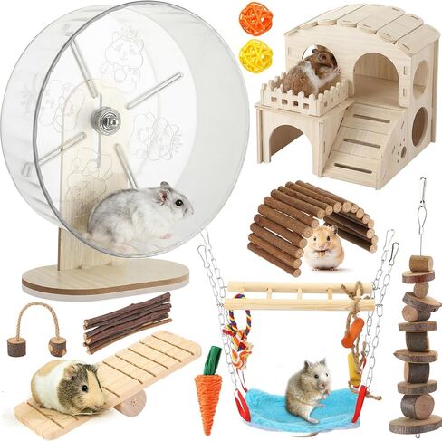 11 Pcs Hamster Cage Accessories Set, Wooden Hawaii House, Bridge, Exercise Wheel, Swing, Chew Toys & More, Natural Wood Hamster Play Set for Dwarf Hamsters, Rat Mice Small Animals Habitat in Saudi Arabia