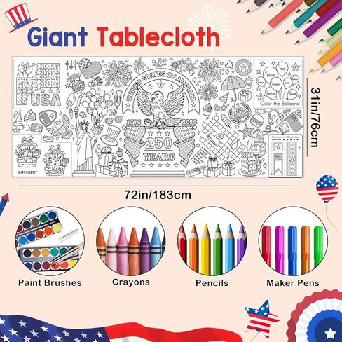 Joyline USA 1776-2026 250th Anniversary Coloring Poster for Kids - Patriotic Eagle Statue of Liberty American Flag Jumbo Tablecloth Kids Crafts Activities Toys Parties Classroom Decor 31x72 Inch in Saudi Arabia