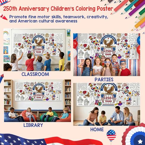 Joyline USA 1776-2026 250th Anniversary Coloring Poster for Kids - Patriotic Eagle Statue of Liberty American Flag Jumbo Tablecloth Kids Crafts Activities Toys Parties Classroom Decor 31x72 Inch in Saudi Arabia