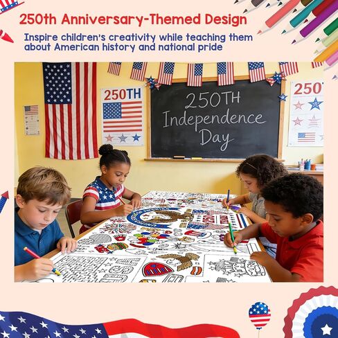 Joyline USA 1776-2026 250th Anniversary Coloring Poster for Kids - Patriotic Eagle Statue of Liberty American Flag Jumbo Tablecloth Kids Crafts Activities Toys Parties Classroom Decor 31x72 Inch in Saudi Arabia