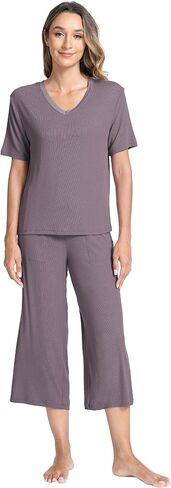 GYS Bamboo Viscose Sleep Sets for Women Short Sleeve V-Neck Top and Capri Pants Pajama Sets in Saudi Arabia