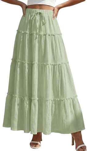 DERAX Womens Boho Maxi Skirt Flowy Ruffle Tiered Elastic High Waisted A Line 2026 Spring Summer Beach Vacation Long Skirts in Saudi Arabia