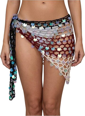 OYOANGLE Women's Sequins Crochet Bohemian Bikini Cover Up Hollow Out Ombre Wrap Sparkly Beach Skirt in Saudi Arabia
