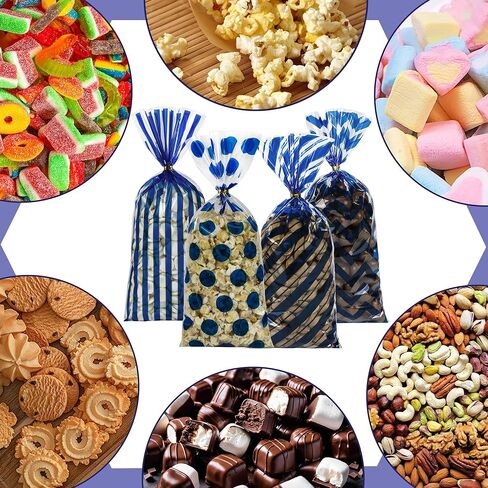 أكياس حلوى السيلوفان الوطنية من زيلوب - 100 قطعة من أكياس الهدايا الشفافة باللون الأزرق الداكن مع 110 ربطات عنق ملفوفة، أكياس هدايا حلوى كوكيز مخططة منقطة من شيفرون بمناسبة الرابع من يوليو، والتخرج، ومفضلات الحفلات in Kuwait