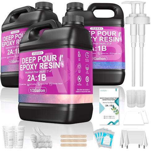 Puduo Deep صب راتنجات الايبوكسي 4.5 جالون عدة، 2-4 بوصة راتنجات صب فائقة الوضوح قابلة للتدفق، راتنجات إيبوكسي مقاومة للحرارة العالية خالية من الفقاعات، مثالية للكونترتوب، طاولات النهر، الحرف اليدوية in Kuwait
