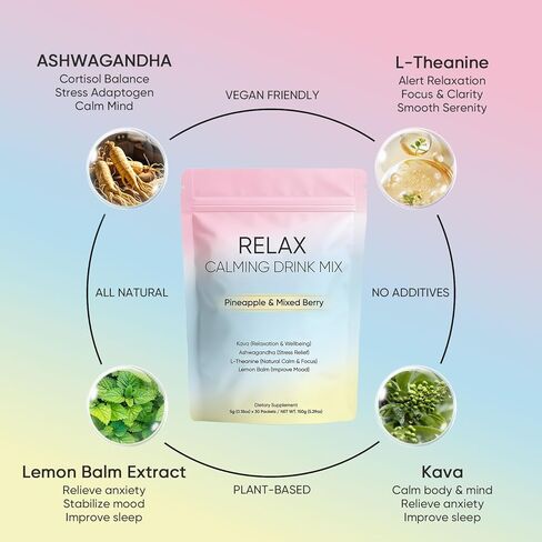 Relax Calming Drink, Natural Calm Powder Drink with L-Theanine, Ashwagandha and Kava, Sugar Free Calm Supplement for Relax & Natural Relieve Stress, Non GMO, Pineapple & Mixed Berry, 30 Packets (1) in Saudi Arabia
