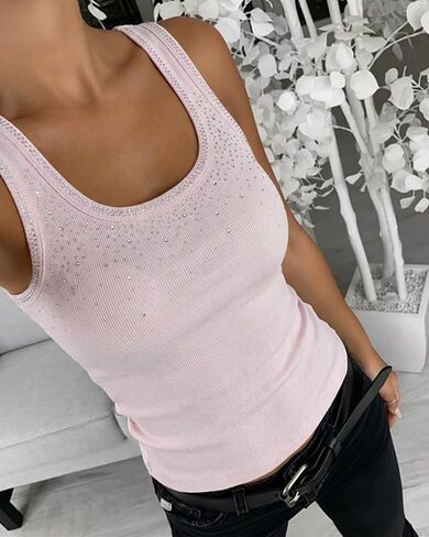 Womens Rhinestone Decor Tank Top U-Neck Sleeveless Slim Fit Ribbed Casual Shirt Top in Saudi Arabia