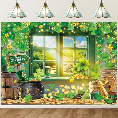 St. Patrick's Day Backdrop Spring Window Shamrock Rainbow Gold Coins Photography Background Green Lucky Irish Clover Banner for St. Patrick's Day Party Decorations Supplies (7x5FT: 84x60 inch) in Saudi Arabia