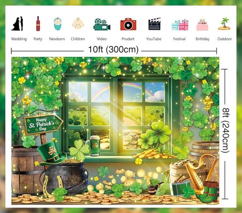 St. Patrick's Day Backdrop Spring Window Shamrock Rainbow Gold Coins Photography Background Green Lucky Irish Clover Banner for St. Patrick's Day Party Decorations Supplies (7x5FT: 84x60 inch) in Saudi Arabia