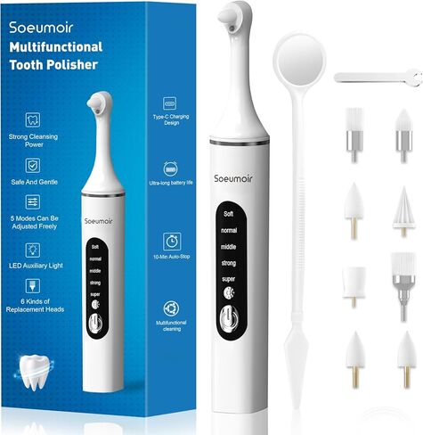 Tooth Polisher,Rechargeable Tooth Whitening Kit for Teeth Cleaning and Whitening, with 8 Brush Heads, LED Light, 5 Speed Modes Dental Polisher Personal Dental Care Kit for Home Use and Travel in Kuwait