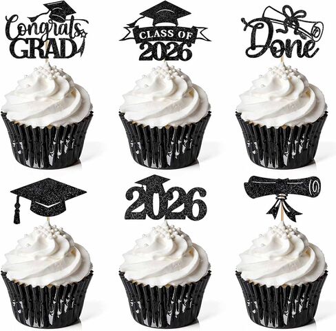 48 قطعة من أغطية الكب كيك للتخرج 2026، طبقة علوية لامعة 2026 للكب كيك، زينة كعكة التخرج لقطع مركزية الحفلات، والاحتفالات العائلية (أسود وذهبي) in Kuwait