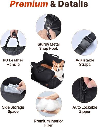 PET MARVEL Dog Car Seat for Small Dogs Up to 25 lbs, Pet Booster Seat with Safety Leash and Thick Cushion, Fully Detachable Washable Pet Bag with Storage Pocket, Portable Car Travel Carrier, Black in Saudi Arabia