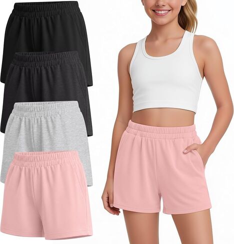 4 Pack Girl's Shorts Teen Athletic Shorts Elastic Waist Kids Summer Casual SweatShorts with Pockets 5-14 Year in Kuwait