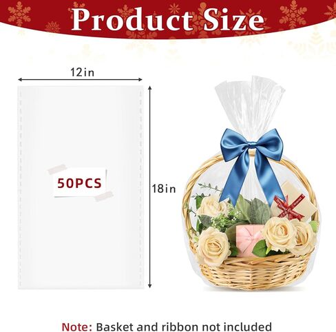 Clear Basket Bags 50Pack 14"x20" Large Clear Cellophane Bags Cello Bags for Gift Wrapping Packaging Plastic Gift Bags for Bridal/Baby Showers, Christmas, Halloween, Thanksgiving, Easter, Valentine's Day, Mother's Day in Saudi Arabia
