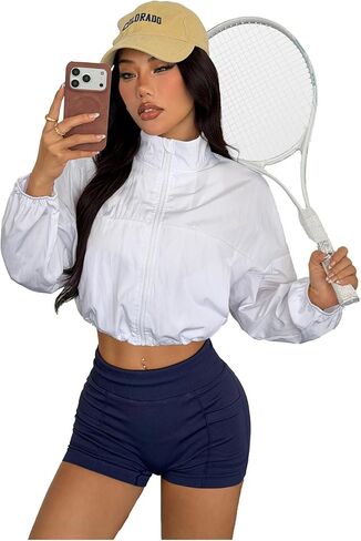 OYOANGLE Women's Solid Zipper Front Sports Jacket Drawstring Lightweight Long Sleeve Cropped Running Jackets in Saudi Arabia