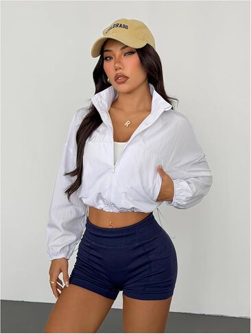 OYOANGLE Women's Solid Zipper Front Sports Jacket Drawstring Lightweight Long Sleeve Cropped Running Jackets in Saudi Arabia