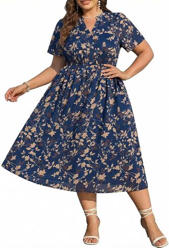 RITERA Plus Size Dresses for Curvy Women Floral V Neck Short Sleeve Party Midi Dress with Pockets XL-5XL in Saudi Arabia