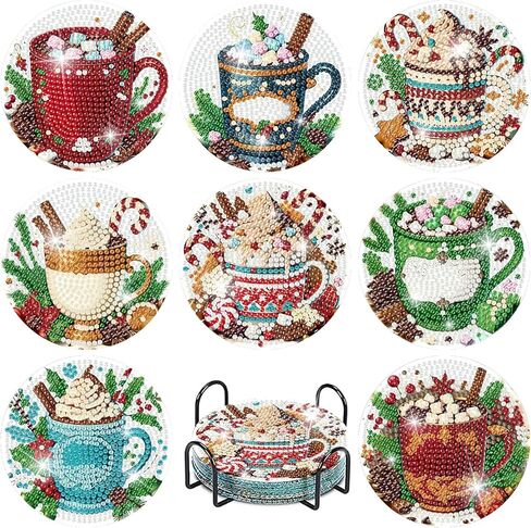 8 Pcs Book Diamond Art Coasters Kit - DIY 5D Diamond Painting Coasters with Holder, Mini Diamonds Arts Kits for Adults Coaster with Cork Pads, Gem Arts Dots Painting Crafts Supplies for Home Decor in Saudi Arabia