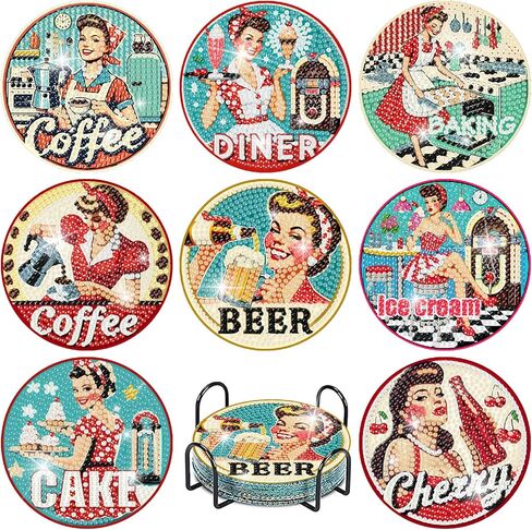 8 Pcs Book Diamond Art Coasters Kit - DIY 5D Diamond Painting Coasters with Holder, Mini Diamonds Arts Kits for Adults Coaster with Cork Pads, Gem Arts Dots Painting Crafts Supplies for Home Decor in Saudi Arabia