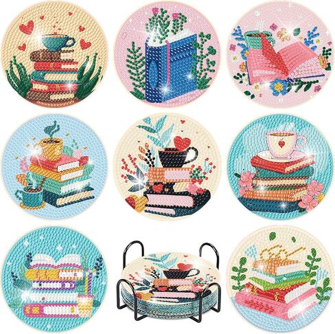 8 Pcs Book Diamond Art Coasters Kit - DIY 5D Diamond Painting Coasters with Holder, Mini Diamonds Arts Kits for Adults Coaster with Cork Pads, Gem Arts Dots Painting Crafts Supplies for Home Decor in Saudi Arabia