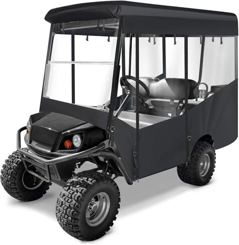 حاوية عربة الجولف لراكبين لـ EZGO RXV بمقعدين، زجاج أمامي مفتوح من 3 جوانب، نوافذ شفافة مقاومة للماء، أغطية مطر للقيادة، سحاب قابل للطي، باب أسود (مع بطانية مقعد) in Kuwait