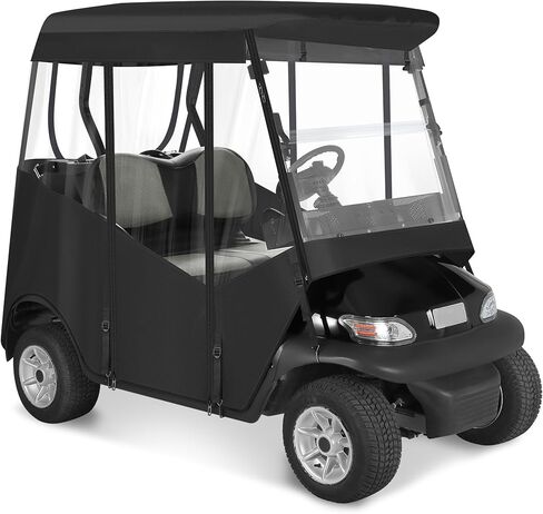 حاوية عربة الجولف لراكبين لـ EZGO RXV بمقعدين، زجاج أمامي مفتوح من 3 جوانب، نوافذ شفافة مقاومة للماء، أغطية مطر للقيادة، سحاب قابل للطي، باب أسود (مع بطانية مقعد) in Kuwait