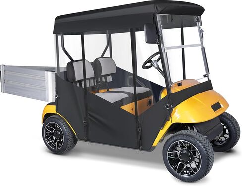 حاوية عربة الجولف لراكبين لـ EZGO RXV بمقعدين، زجاج أمامي مفتوح من 3 جوانب، نوافذ شفافة مقاومة للماء، أغطية مطر للقيادة، سحاب قابل للطي، باب أسود (مع بطانية مقعد) in Kuwait