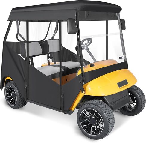 حاوية عربة الجولف لراكبين لـ EZGO RXV بمقعدين، زجاج أمامي مفتوح من 3 جوانب، نوافذ شفافة مقاومة للماء، أغطية مطر للقيادة، سحاب قابل للطي، باب أسود (مع بطانية مقعد) in Kuwait