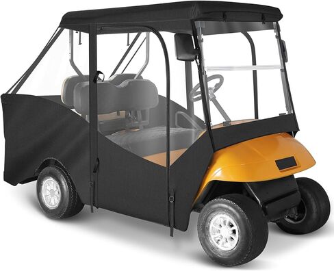 حاوية عربة الجولف لراكبين لـ EZGO RXV بمقعدين، زجاج أمامي مفتوح من 3 جوانب، نوافذ شفافة مقاومة للماء، أغطية مطر للقيادة، سحاب قابل للطي، باب أسود (مع بطانية مقعد) in Kuwait