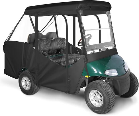 حاوية عربة الجولف لراكبين لـ EZGO RXV بمقعدين، زجاج أمامي مفتوح من 3 جوانب، نوافذ شفافة مقاومة للماء، أغطية مطر للقيادة، سحاب قابل للطي، باب أسود (مع بطانية مقعد) in Kuwait