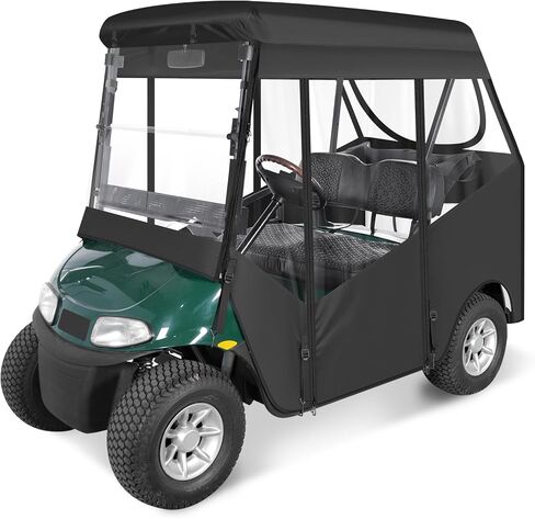 حاوية عربة الجولف لراكبين لـ EZGO RXV بمقعدين، زجاج أمامي مفتوح من 3 جوانب، نوافذ شفافة مقاومة للماء، أغطية مطر للقيادة، سحاب قابل للطي، باب أسود (مع بطانية مقعد) in Kuwait