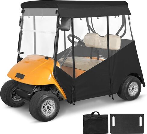 حاوية عربة الجولف لراكبين لـ EZGO RXV بمقعدين، زجاج أمامي مفتوح من 3 جوانب، نوافذ شفافة مقاومة للماء، أغطية مطر للقيادة، سحاب قابل للطي، باب أسود (مع بطانية مقعد) in Kuwait