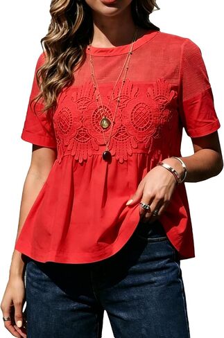 Lace Short Sleeve Babydoll Top Pleated Hem Mesh Detailing Elegant Casual Blouse for Beach Vacation Everyday in Saudi Arabia