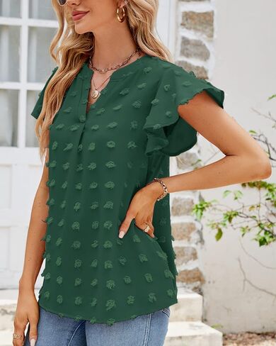 Womens Summer Casual V Neck Tops Ruffle Short Sleeve Tunic Dressy Flowy Blouses Shirts 2025 in Saudi Arabia