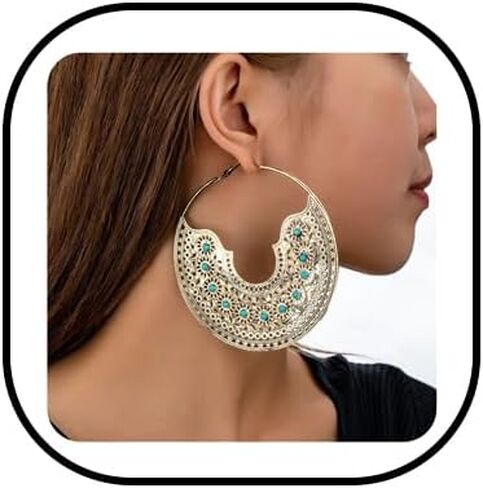 Chunky Metal Hoop Earrings for Women Vintage Bohemian Large Circle Earrings Gold Silver Textured Statement Earrings Trendy 80/90s Earring Oversized Big Dangle Earring Christmas Birthday Party Prom Banquet Costume Jewelry in Saudi Arabia