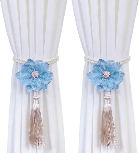 2 Packs Lotus Flowers Tassel Curtain Tiebacks Handmade Braided Rope Drape Tie Backs Natural Rustic Style Decorative Curtain Holdbacks for Home Office Window Drapery(Green) in Saudi Arabia
